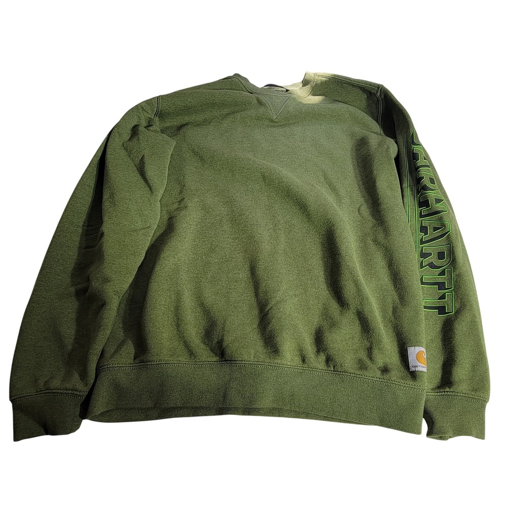Carhartt Mens Loose Fit Crewneck Sweatshirt Olive Green Sleeve Logo Medium